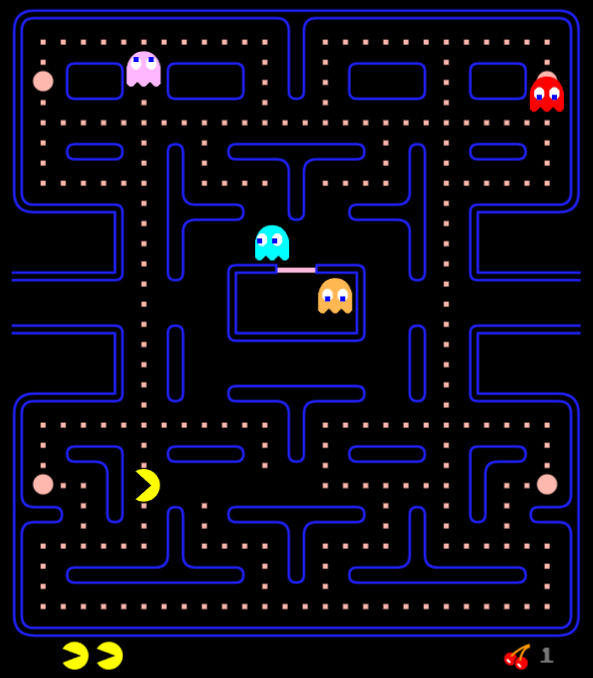 Classic Pac-Man. Pinky is pink and a female ghost. Eaten is one of the behavior states of the ghosts.