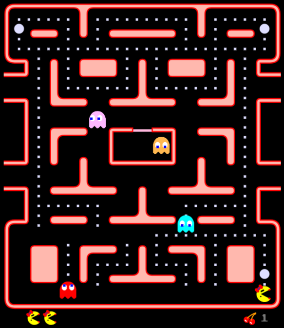 MS Pac-Man. Inky is cyan and a male ghost. Scatter is one of the behavior states of the ghosts.