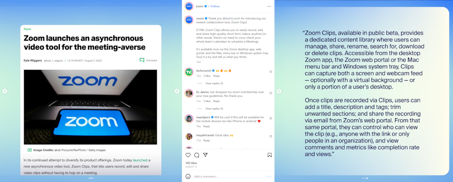 @zoom: Thank you @techcrunch for introducing our newest collaboration tool, Zoom Clips! ICYMI, Zoom Clips allows you to easily record, edit, and share high-quality short-form videos anytime (in other words, there's no need to cross-check your whole team's calendars to schedule a Meeting).