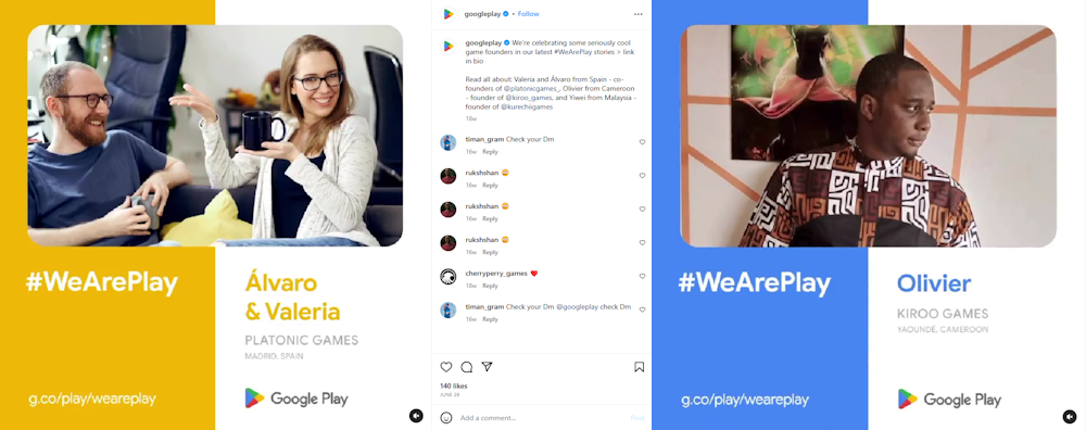 @googleplay: We’re celebrating some seriously cool game founders in our latest #WeArePlay stories. Read all about: Valeria and Álvaro from Spain - co-founders of @platonicgames_, Olivier from Cameroon - founder of @kiroo_games, and Yiwei from Malaysia - founder of @kurechiigames.