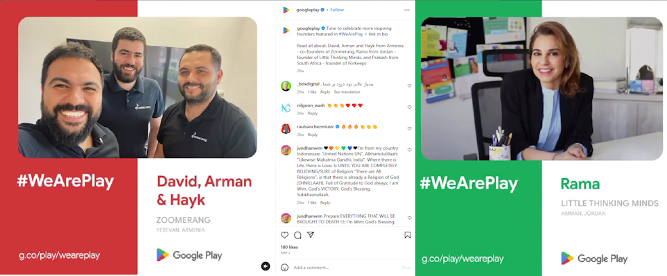 @googleplay: Time to celebrate more inspiring founders featured in #WeArePlay. Read all about: David, Arman and Hayk from Armenia - co-founders of Zoomerang, Rama from Jordan - founder of Little Thinking Minds, and Prakash from South Africa - founder of ForKeeps.